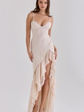 House of cb Santana almond georgette hand beaded shell embellished maxi dress